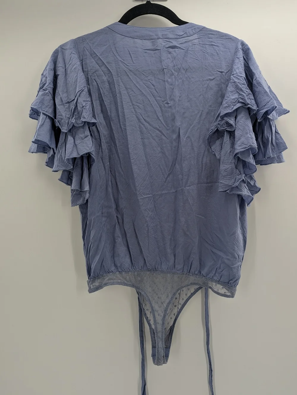 Free People Intimately Bodysuit Boho Fairy Ruffle Sleeve Blue Tie Front Medium